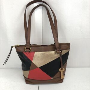 Fossil Diamond Leather Patchwork Purse Shoulder Bag Gold Key Red Black Gold